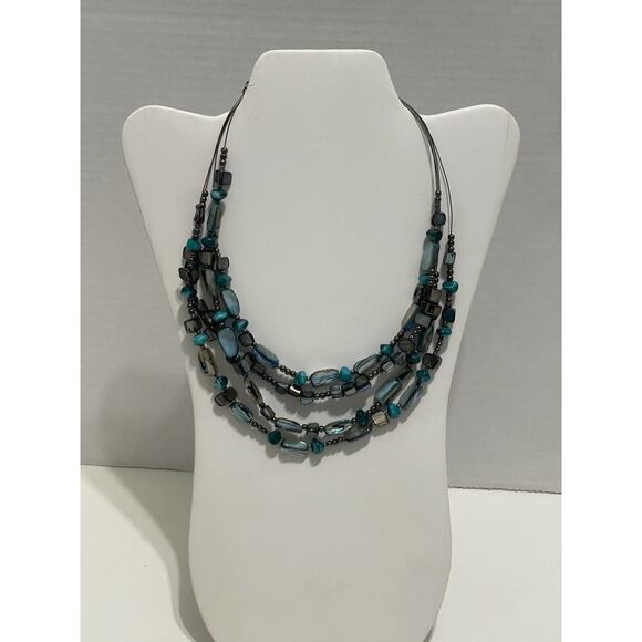 Layered Beaded Gemstone‎ Statement Necklace Turquoise Color Beads Blue Gunmetal - Picture 11 of 11